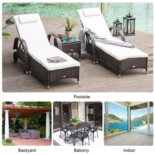 Outsunny 3 Pieces Patio Lounge Chair Set, Garden Wicker Wheeling Recliner Outdoor Daybed, PE Rattan Lounge Chairs for Outside with Cushions & Side Coffee Table for Backyard, Poolside, Brown - Giant Lobelia