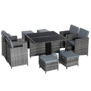 9PC Rattan Garden Furniture Set  8-seater Wicker Outdoor Dining Set Chairs + Footrest + Table Thick Cushion - Grey - Giant Lobelia