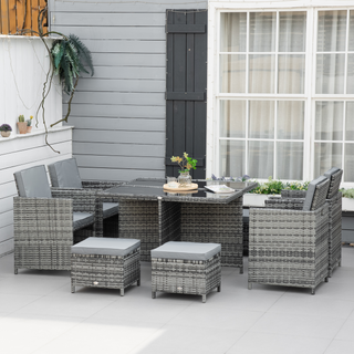 9PC Rattan Garden Furniture Set  8-seater Wicker Outdoor Dining Set Chairs + Footrest + Table Thick Cushion - Grey - Giant Lobelia