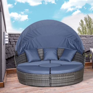 Rattan Garden Furniture Cushioned Wicker Round Sofa Bed with Coffee Table  Patio Conversation Furniture Set - Grey - Giant Lobelia