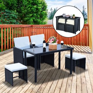 5 PCs Rattan Garden Furniture Space-saving Wicker Weave Sofa Set Conservatory Dining Table Table Chair Footrest Cushioned Black - Giant Lobelia