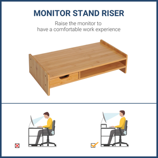 Monitor Riser Laptop PC Plinth Stand TV Computer Desktop Organiser W/ Drawer Bamboo - Giant Lobelia