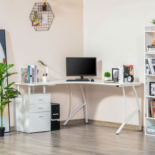 L-Shaped Computer Desk Table with Storage Drawer Home Office Corner Industrial Style Workstation, White - Giant Lobelia