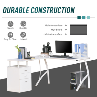 L-Shaped Computer Desk Table with Storage Drawer Home Office Corner Industrial Style Workstation, White - Giant Lobelia