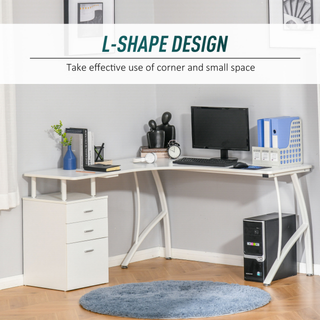 L-Shaped Computer Desk Table with Storage Drawer Home Office Corner Industrial Style Workstation, White - Giant Lobelia