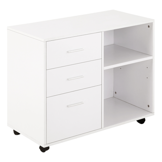 HOMCOM Freestanding Printer Stand Unit Office Desk Side Mobile Storage w/ Wheels 3 Drawers, 2 Open Shelves Modern Style 80L x 40W x 65H cm - White - Giant Lobelia