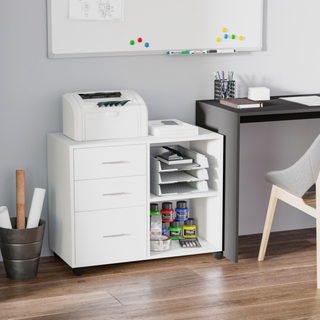 HOMCOM Freestanding Printer Stand Unit Office Desk Side Mobile Storage w/ Wheels 3 Drawers, 2 Open Shelves Modern Style 80L x 40W x 65H cm - White - Giant Lobelia