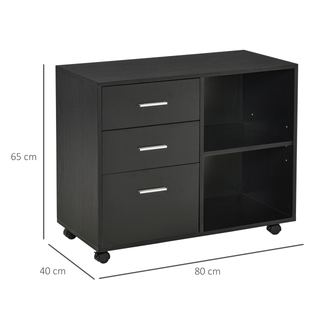 HOMCOM Freestanding Printer Stand Unit Office Desk Side Mobile Storage w/ Wheels 3 Drawers, 2 Open Shelves Modern Style 80L x 40W x 65H cm - Black - Giant Lobelia