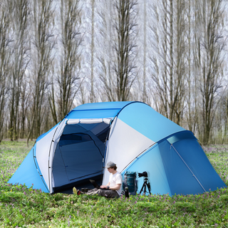 4-6 Man Camping Tent w/ Two Bedroom, Hiking Sun Shelter, UV Protection Tunnel Tent, Blue and White - Giant Lobelia