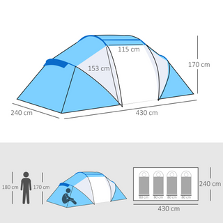 4-6 Man Camping Tent w/ Two Bedroom, Hiking Sun Shelter, UV Protection Tunnel Tent, Blue and White - Giant Lobelia