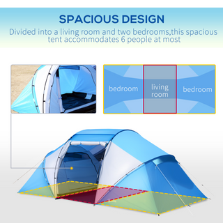 4-6 Man Camping Tent w/ Two Bedroom, Hiking Sun Shelter, UV Protection Tunnel Tent, Blue and White - Giant Lobelia