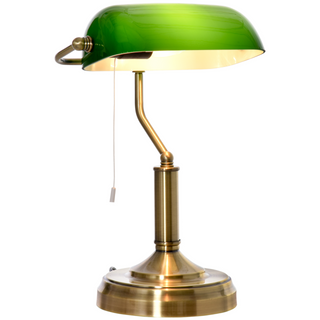 Banker's Table Lamp Desk Lamp with Antique Bronze Base, Green Glass Shade and Pull Rope Switch for Home Office,  Living Room, Bedroom, Dining Room - Giant Lobelia