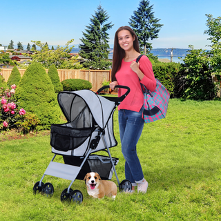 PawHut Pet Stroller for Small Miniature Dogs Cats Foldable Travel Carriage with Wheels Zipper Entry Cup Holder Storage Basket Grey - Giant Lobelia