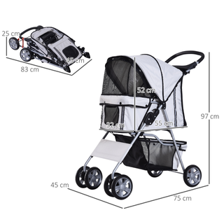 PawHut Pet Stroller for Small Miniature Dogs Cats Foldable Travel Carriage with Wheels Zipper Entry Cup Holder Storage Basket Grey - Giant Lobelia