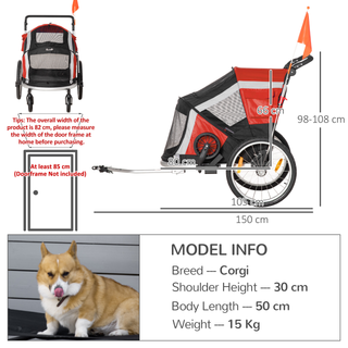 PawHut Dog Bike Trailer 2-in-1 Pet Stroller for Large Dogs Cart Foldable Bicycle Carrier Aluminium Frame with Safety Leash Hitch Coupler Reflector Flag Red - Giant Lobelia