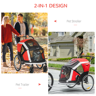 PawHut Dog Bike Trailer 2-in-1 Pet Stroller for Large Dogs Cart Foldable Bicycle Carrier Aluminium Frame with Safety Leash Hitch Coupler Reflector Flag Red - Giant Lobelia