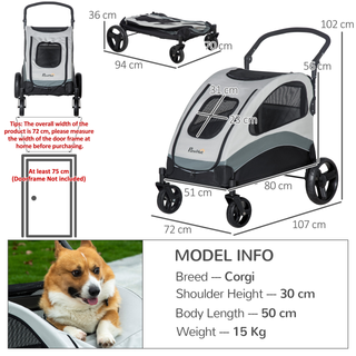 PawHut Pet Stroller for Medium Dogs Cat Pushchair Buggy Pram with 4 Wheels Safety Leash Zipper Doors Mesh Windows Storage Bag - Grey - Giant Lobelia