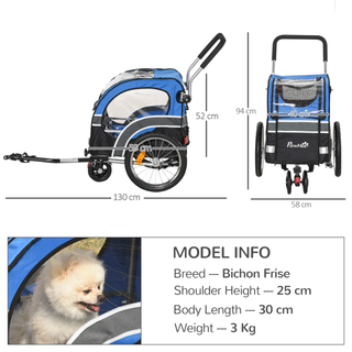 PawHut 2-in-1 Dog Bike Trailer Pet Cart Carrier Stroller for Bicycle with 360° Rotatable Front Wheel Reflectors Weather Resistant Canopy Hitch Coupler Flag Blue - Giant Lobelia