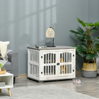 PawHut Wooden Dog Crate Furniture Pet Kennel Cage End Table for Small Medium Dogs, Indoor, White, 85.5 x 59.5 x 68 cm - Giant Lobelia