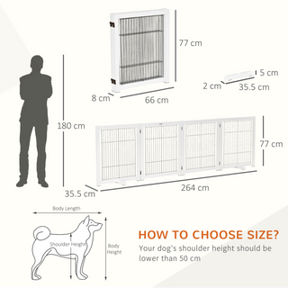 PawHut Freestanding Pet Gate 4 Panel Wooden Dog Barrier Foldable Safety Fence with Support Feet 264cm Long 77cm Tall for Doorway Stairs White - Giant Lobelia