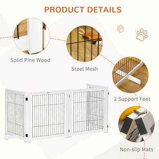 PawHut Freestanding Pet Gate 4 Panel Wooden Dog Barrier Foldable Safety Fence with Support Feet 264cm Long 77cm Tall for Doorway Stairs White - Giant Lobelia