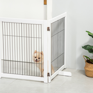 PawHut Freestanding Pet Gate 4 Panel Wooden Dog Barrier Foldable Safety Fence with Support Feet 264cm Long 77cm Tall for Doorway Stairs White - Giant Lobelia