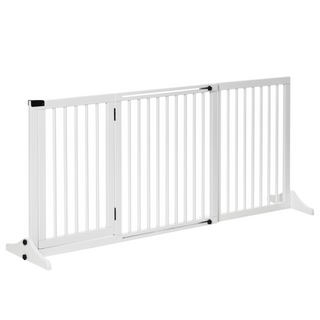 PawHut Adjustable Wooden Pet Gate Freestanding Dog Barrier Fence Doorway 3 Panels Safety Gate w/ Lockable Door White 71H x 113-166W cm - Giant Lobelia