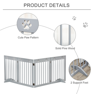 PawHut Freestanding Pet Gate 4 Panel Wooden Dog Barrier Folding Safety Fence with Support Feet up to 204cm Long 61cm Tall for Doorway Stairs Light Grey - Giant Lobelia