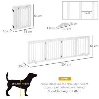 PawHut Freestanding Pet Gate 4 Panel Wooden Dog Barrier Folding Safety Fence with Support Feet up to 204cm Long 61cm Tall for Doorway Stairs White - Giant Lobelia