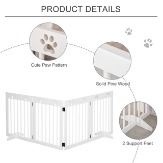 PawHut Freestanding Pet Gate 4 Panel Wooden Dog Barrier Folding Safety Fence with Support Feet up to 204cm Long 61cm Tall for Doorway Stairs White - Giant Lobelia