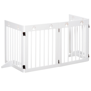 PawHut Freestanding Pet Gate 4 Panel Wooden Dog Barrier Folding Safety Fence with Support Feet up to 204cm Long 61cm Tall for Doorway Stairs White - Giant Lobelia