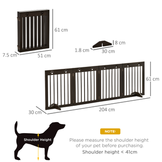 PawHut Freestanding Pet Gate 4 Panel Wooden Dog Barrier Folding Safety Fence with Support Feet up to 204cm Long 61cm Tall for Doorway Stairs Brown - Giant Lobelia