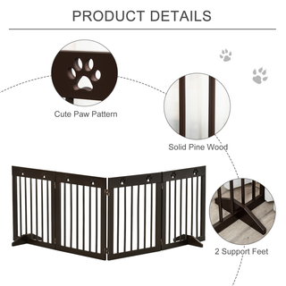 PawHut Freestanding Pet Gate 4 Panel Wooden Dog Barrier Folding Safety Fence with Support Feet up to 204cm Long 61cm Tall for Doorway Stairs Brown - Giant Lobelia