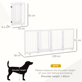 PawHut Freestanding Pet Gate 4 Panels Wooden Dog Safety Fence Foldable with Support Feet for Doorway Stairs 91cm Tall White - Giant Lobelia