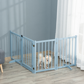 PawHut Freestanding Pet Gate for Small and Medium Dogs, Wooden Foldable Dog Safety Barrier with 4 Panels, 2 Support Feet, 80 cm Tall for Doorways, Stairs Blue-grey - Giant Lobelia