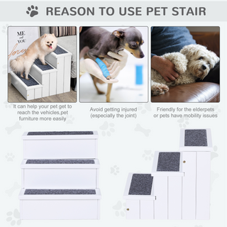 PawHut 3 Step Wooden Dog Steps Pet Stairs for Dogs, Cat Ladder for Bed Couch with Storage White - Giant Lobelia