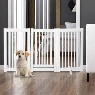 PawHut Freestanding Dog Gate Wood Doorway Safety Pet Barrier Fence Foldable w/ Latch Support Feet White, 155 x 76 cm - Giant Lobelia