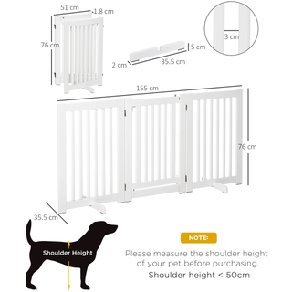 PawHut Freestanding Dog Gate Wood Doorway Safety Pet Barrier Fence Foldable w/ Latch Support Feet White, 155 x 76 cm - Giant Lobelia