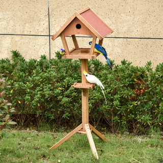 PawHut Wooden Bird Feeder Table Freestanding for Garden Backyard Outside Decorative Pre-cut Weather Resistant Roof 49 x 45 x 139 cm Natural - Giant Lobelia