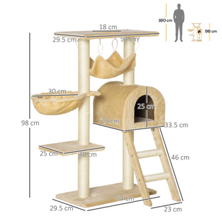 PawHut Cat Tree Tower for Indoor Cats Kitten Activity Centre Scratching Post w/ Hammock House Basket Ladder - Beige - Giant Lobelia