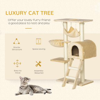 PawHut Cat Tree Tower for Indoor Cats Kitten Activity Centre Scratching Post w/ Hammock House Basket Ladder - Beige - Giant Lobelia