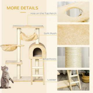 PawHut Cat Tree Tower for Indoor Cats Kitten Activity Centre Scratching Post w/ Hammock House Basket Ladder - Beige - Giant Lobelia