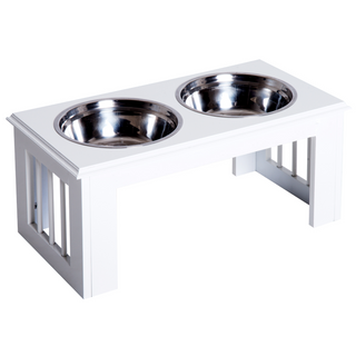 PawHut Stainless Steel Raised Dog Feeding Bowls with Stand for Small Medium Dogs Elevated Twin Pet Bowls Water Food Feeder 58.4L x 30.5W x 25.4H cm - White - Giant Lobelia