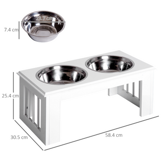 PawHut Stainless Steel Raised Dog Feeding Bowls with Stand for Small Medium Dogs Elevated Twin Pet Bowls Water Food Feeder 58.4L x 30.5W x 25.4H cm - White - Giant Lobelia