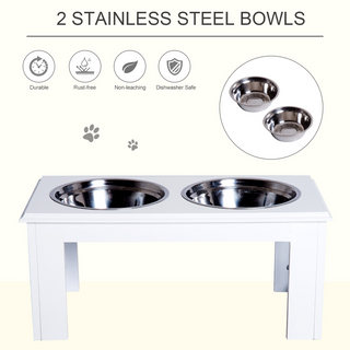 PawHut Stainless Steel Raised Dog Feeding Bowls with Stand for Small Medium Dogs Elevated Twin Pet Bowls Water Food Feeder 58.4L x 30.5W x 25.4H cm - White - Giant Lobelia