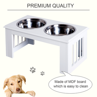 PawHut Stainless Steel Raised Dog Feeding Bowls with Stand for Small Medium Dogs Elevated Twin Pet Bowls Water Food Feeder 58.4L x 30.5W x 25.4H cm - White - Giant Lobelia