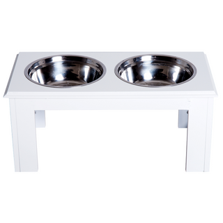 PawHut Stainless Steel Raised Dog Feeding Bowls with Stand for Small Medium Dogs Elevated Twin Pet Bowls Water Food Feeder 58.4L x 30.5W x 25.4H cm - White - Giant Lobelia