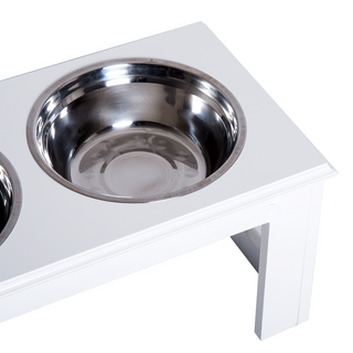 PawHut Stainless Steel Raised Dog Feeding Bowls with Stand for Small Medium Dogs Elevated Twin Pet Bowls Water Food Feeder 58.4L x 30.5W x 25.4H cm - White - Giant Lobelia