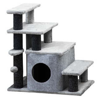 PawHut Dog Steps for Bed 4 Step Pet Stairs Cat House with Detachable Cover, Cat ladder for Sofa w/ Hanging Balls - Grey - Giant Lobelia