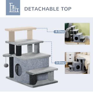 PawHut Dog Steps for Bed 4 Step Pet Stairs Cat House with Detachable Cover, Cat ladder for Sofa w/ Hanging Balls - Grey - Giant Lobelia